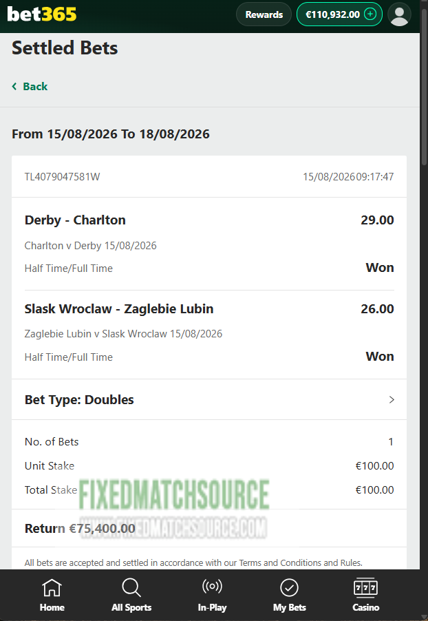Ht / Ft Fixed Matches 15.08.2026 Bet365 Proof