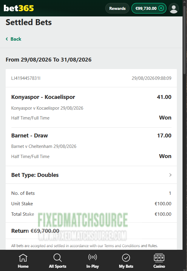Ht / Ft Fixed Matches 29.08.2026 Bet365 Proof