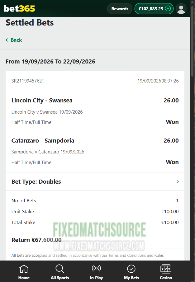 Ht / Ft Fixed Matches 19.09.2026 Bet365 Proof