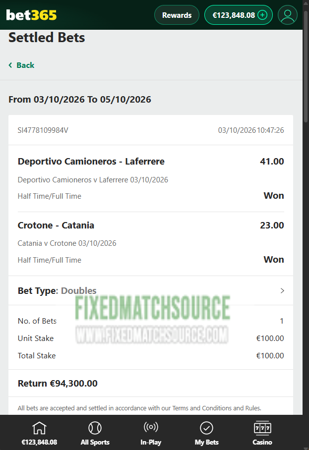 Ht / Ft Fixed Matches 03.10.2026 Bet365 Proof