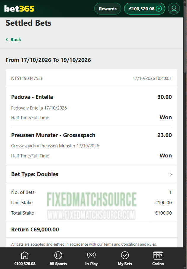 Ht / Ft Fixed Matches 17.10.2026 Bet365 Proof