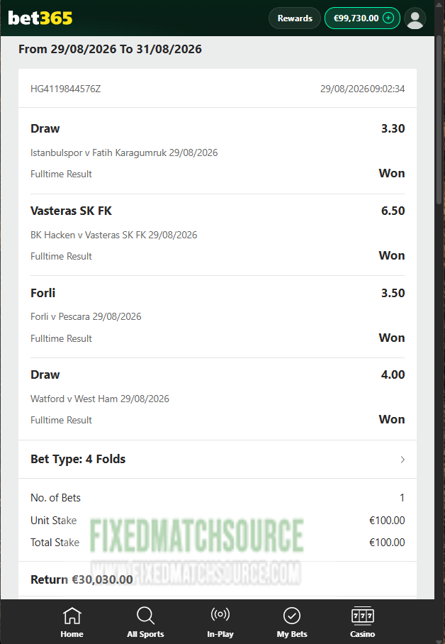 Combined fixed matches 29.08.2026 Bet365 Proof