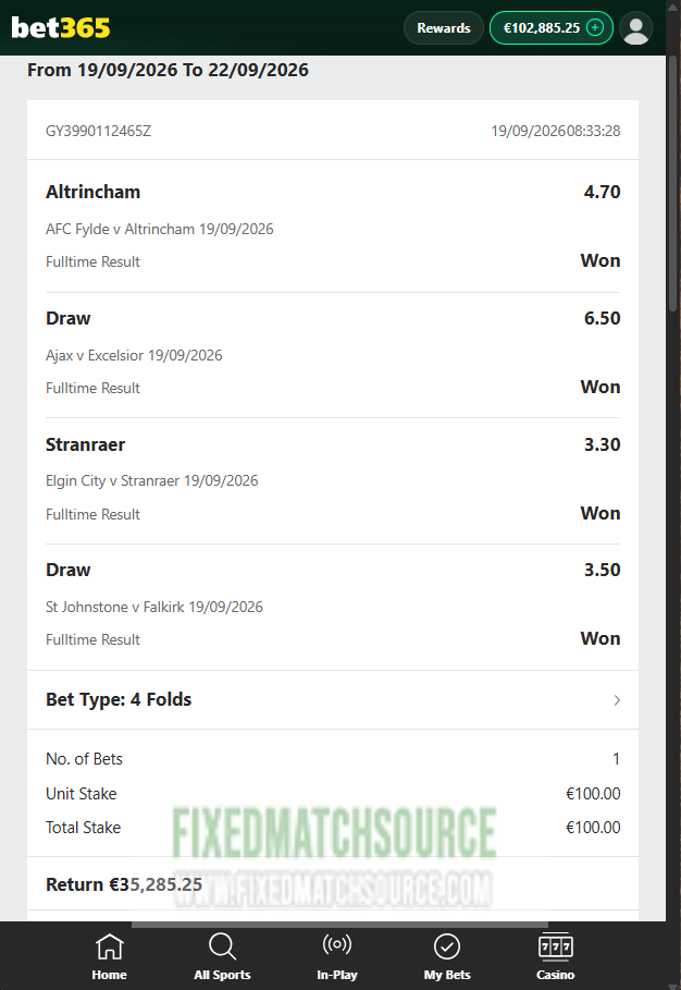 Combined fixed matches 19.09.2026 Bet365 Proof
