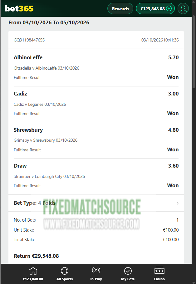 Combined fixed matches 03.10.2026 Bet365 Proof