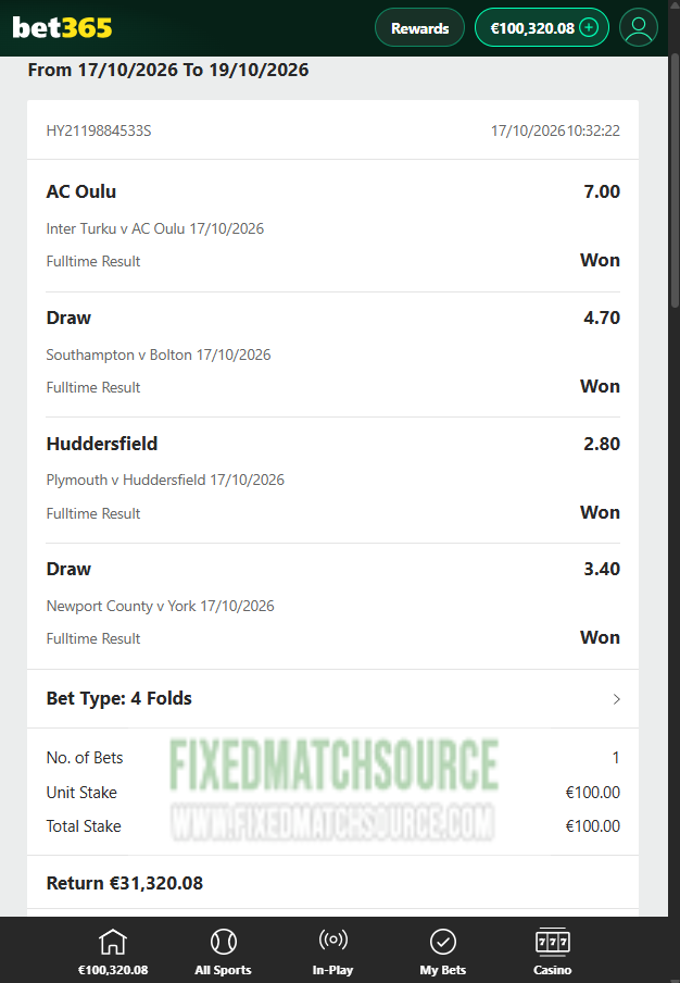 Combined fixed matches 17.10.2026 Bet365 Proof